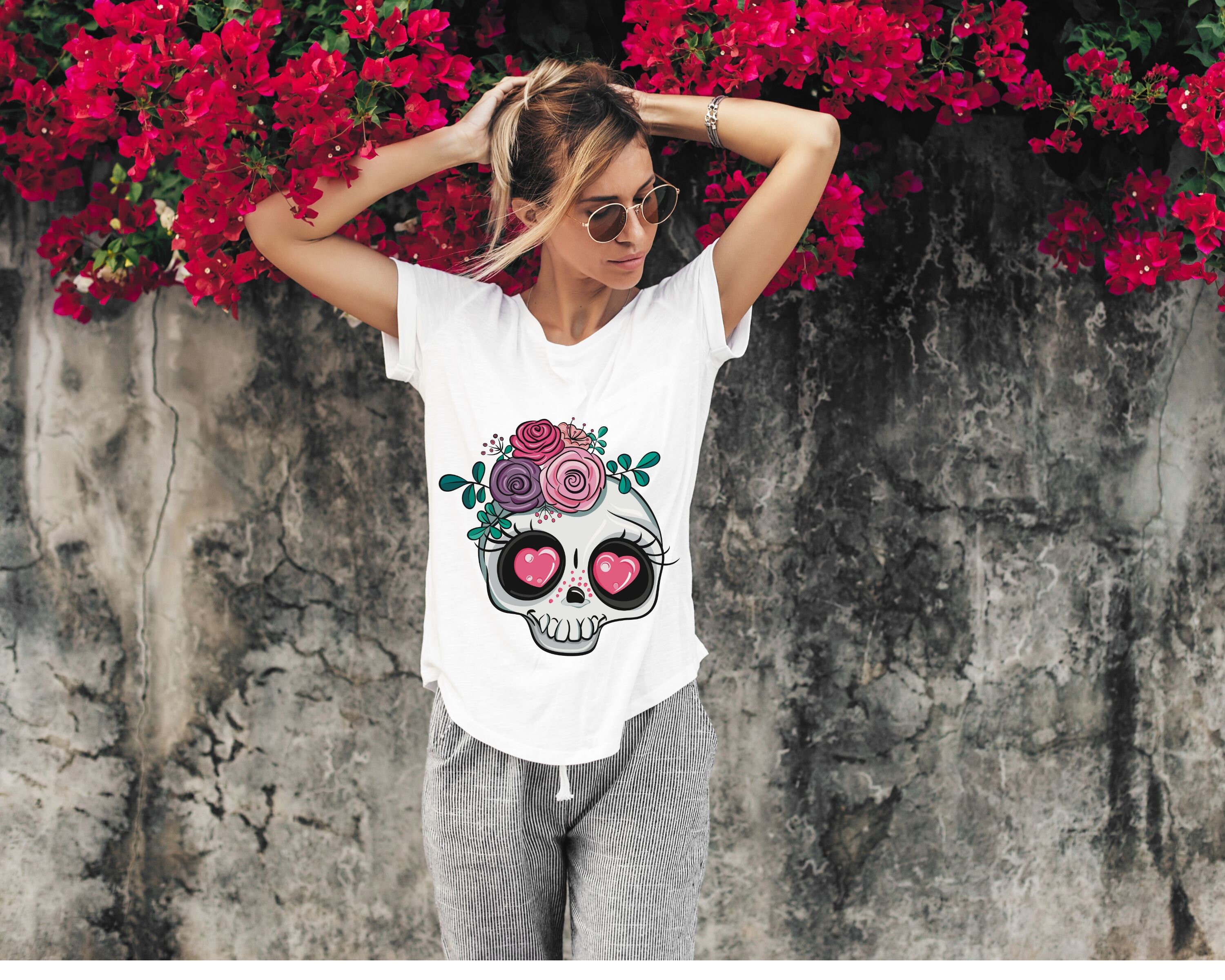 Pretty Pink Floral Skull PNG Bundle of 4 Designs. Skull With Flowers