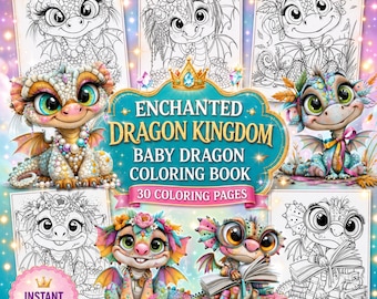 Målarbok med babydrake, fantasikonst från det förtrollade kungariket, 30 sidor (digital nedladdning)