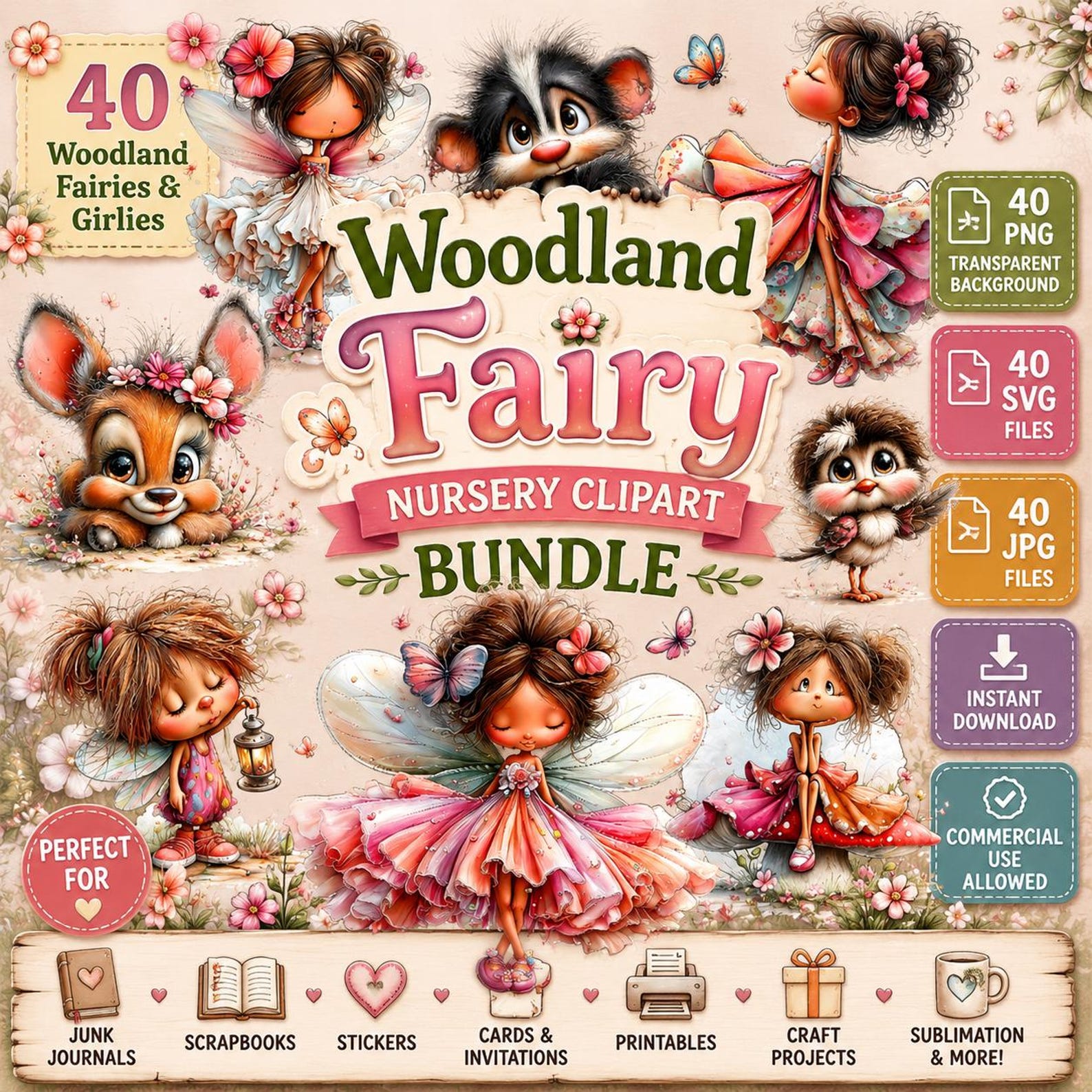 Woodland Fairy Clipart Bundle, Enchanted Forest Animals, Watercolor PNG ...