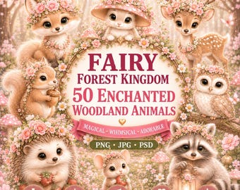 Fairy Forest Woodland Animals Clipart Bundle (50 PNG, JPG, PSD)