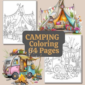 May include: A camping-themed coloring book with 64 pages. The cover features illustrations of tents, a camper van, and a campfire. The illustrations are in a whimsical style, with detailed line art perfect for coloring.