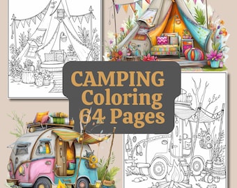 Målarbok för camping i trädgården, nyckfulla illustrationer i sagoboken, 64 sidor (digital nedladdning)