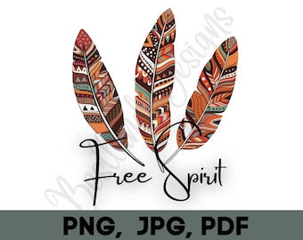 Boho Feather PNG, grafica tribale, design occidentale (download digitale)