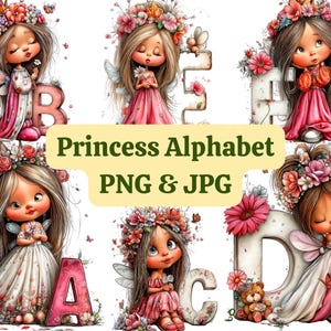 May include: Digital illustrations of princess-themed alphabet letters A, B, C, D, and E. Each letter features a princess with long hair, a floral crown, and a dress. The image includes the text "Princess Alphabet PNG & JPG".