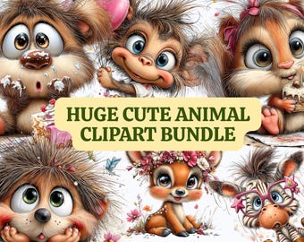 Verspieltes Tier-Clipart-Paket, Kawaii-Babytiere, Kinderzimmerkunst, Aufkleber (Digitaler Download)