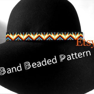 May include: Black hat with a beaded band in a geometric pattern of orange, blue, and yellow. The text "Band Beaded Pattern" is in white, with the Etsy logo in orange.