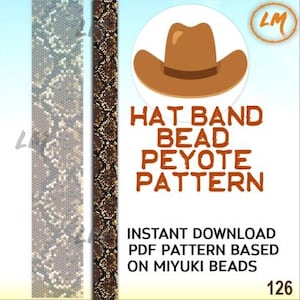 Może przedstawiać: Cyfrowy wzór PDF na opaskę do kapelusza, z wzorem koralików peyote. Obraz zawiera brązową ilustrację kapelusza kowbojskiego i tekst "HAT BAND BEAD PEYOTE PATTERN". Wzór oparty jest na koralikach Miyuki.