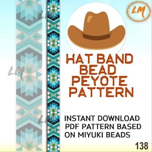 Könnte beinhalten: Ein digitales PDF-Muster für ein Hutband mit einem von amerikanischen Ureinwohnern inspirierten Design in Türkis, Schwarz und Weiß. Das Muster basiert auf Miyuki-Perlen und enthält den Text "HAT BAND BEAD PEYOTE PATTERN".