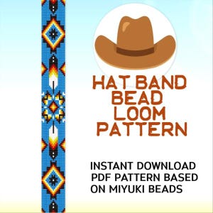 Puede incluir: Un patrón de telar de cuentas para banda de sombrero azul con diseños geométricos en amarillo, naranja y blanco. El texto dice "HAT BAND BEAD LOOM PATTERN" y "INSTANT DOWNLOAD PDF PATTERN BASED ON MIYUKI BEADS". También se incluye un gráfico de sombrero de vaquero marrón.