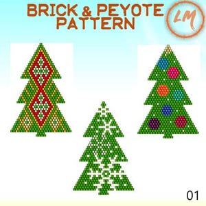 May include: Three Christmas tree designs in a pixelated style. One tree features a red and white diamond pattern, another has a snowflake design, and the third has colorful dot ornaments. The text "BRICK & PEYOTE PATTERN" is at the top.