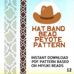 Może przedstawiać: Cyfrowa grafika z ikoną brązowego kapelusza kowbojskiego nad tekstem HAT BAND BEAD PEYOTE PATTERN oraz INSTANT DOWNLOAD PDF PATTERN BASED ON MIYUKI BEADS 12. Dwa pionowe paski przedstawiają geometryczne wzory z koralików w kolorze zielonym, białym i brązowym.