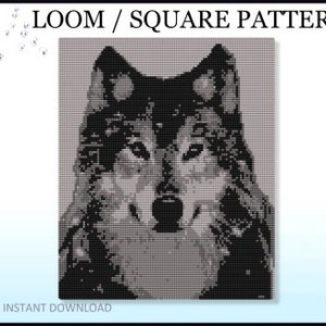 May include: A digital illustration of a wolf's face, created using a pixelated design in black, grey, and white. The text "LOOM / SQUARE PATTERN" is at the top, and "PDF INSTANT DOWNLOAD" is at the bottom. The number "122" is in the bottom right.