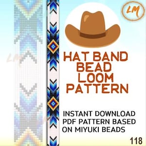 May include: A digital pattern for a hat band bead loom design. The image features a brown cowboy hat illustration, the text "HAT BAND BEAD LOOM PATTERN", and the text "INSTANT DOWNLOAD PDF PATTERN BASED ON MIYUKI BEADS". A beaded band with blue, black, and yellow geometric patterns is also shown.