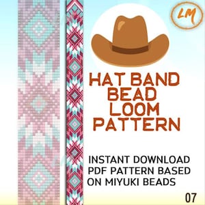 May include: A digital PDF pattern for a hat band, with a geometric design in pink, turquoise, and white. The image includes a cowboy hat illustration and the text "HAT BAND BEAD LOOM PATTERN".