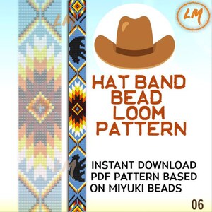 May include: A digital pattern for a hat band bead loom design. The pattern features a brown cowboy hat illustration, a bear silhouette, and geometric patterns in shades of blue, orange, yellow, and brown. Text reads "HAT BAND BEAD LOOM PATTERN".