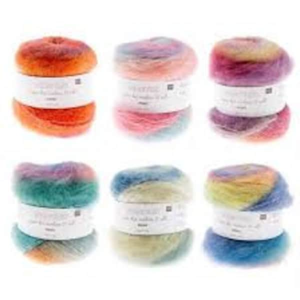 Rico Design Essentials Super Kid Mohair adore les fils à imprimé soie et dégradé - Mélange léger de mohair et de soie, imprimés longs et colorés, 50 g.