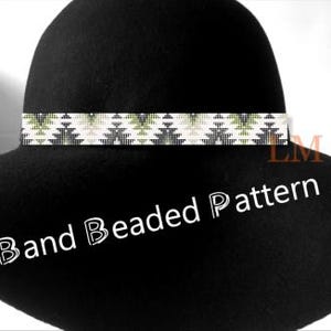 May include: A black hat with a beaded band featuring a geometric pattern in shades of green, white, and black. The text "Band Beaded Pattern" is written across the hat. The hat has a wide brim.