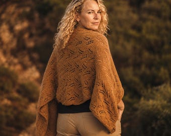 Hand Knitted Mustard Wrap Shrug with Cotton - Elegant Solid Color Summer Knitted Handmade Shawl - Honey Cover Up Bolero Soft Yarn Hand Knit