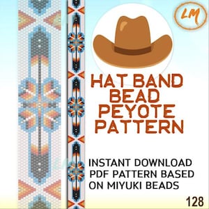 May include: A digital PDF pattern for a hat band bead peyote design. The image features a brown cowboy hat graphic and two beaded band examples with geometric patterns in blue, orange, and black. Text includes "HAT BAND BEAD PEYOTE PATTERN".