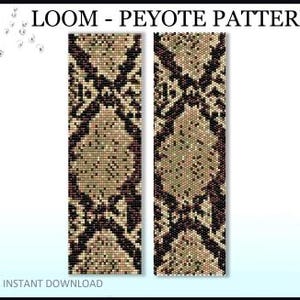 May include: Two vertical loom beadwork patterns with a snake-like design in shades of brown, tan, and black. The text "LOOM - PEYOTE PATTERN" is at the top, and "PDF INSTANT DOWNLOAD" is at the bottom. The number "01" is in the bottom right corner.