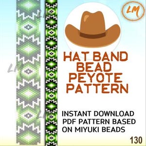 Op de afbeelding: Een digitaal patroon voor een hoedenband kralen peyote ontwerp. De afbeelding toont een bruine cowboyhoed illustratie, twee kralenband patronen in groen en wit, en de tekst "HAT BAND BEAD PEYOTE PATTERN". Het patroon is een instant PDF download.