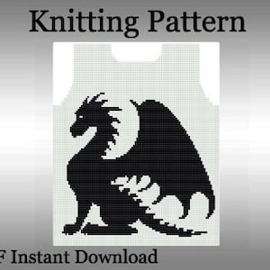 May include: A black dragon design on a white background, presented as a knitting pattern. The dragon is silhouetted with detailed wings and a spiky head. Text at the top reads "Knitting Pattern" and at the bottom "PDF Instant Download". A small "03" is in the bottom right corner.