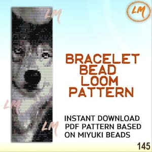 May include: A digital bead loom pattern for a bracelet featuring a wolf's face, rendered in shades of gray and black. The text reads "BRACELET BEAD LOOM PATTERN" and "INSTANT DOWNLOAD PDF PATTERN BASED ON MIYUKI BEADS."