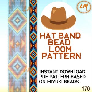 May include: A digital pattern for a hat band bead loom design. The design features a colorful geometric pattern in shades of blue, orange, and yellow. The text reads "HAT BAND BEAD LOOM PATTERN" and "INSTANT DOWNLOAD PDF PATTERN BASED ON MIYUKI BEADS."
