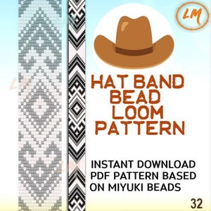 May include: A digital pattern for a hat band bead loom project. The design features a brown cowboy hat illustration and the text "HAT BAND BEAD LOOM PATTERN". The pattern is an instant PDF download based on Miyuki beads.