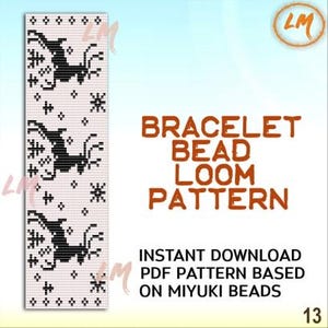 May include: A white and black bead loom pattern for a bracelet. The pattern features a repeating design of a reindeer-like silhouette and snowflake shapes. The text "BRACELET BEAD LOOM PATTERN" is displayed in brown. The text "INSTANT DOWNLOAD PDF PATTERN BASED ON MIYUKI BEADS" is also displayed.