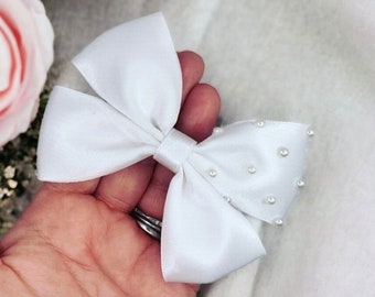Christening hair bow / headband / flower girl headband / white hair bow / ivory hair clip / bridal bow/ baby headband / baby bow / wedding