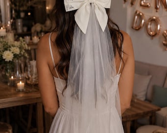 Bride Bow with Veil | Hen Party Bride to Be Hair Clip | Personalised Bridal Veil Bow | Future Mrs Gift