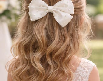 Handmade Pearl Satin Bow, Flower Girl Headband or Clip, , Handmade Bow Clip or Headband