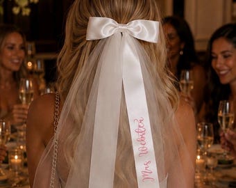 Bridal Bow with Veil | Hen Party Veil Bow | Personalised Bride to Be Veil | Future Mrs Gift | Bridal Shower Accessories | White Hair Bow Cli