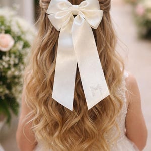 Flower girl bow, bridesmaid hair, White Satin Pearl Hair Bow, Christening Headband, Bridal Clip, white or ivory hair bow clip