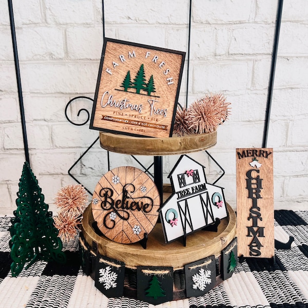 Christmas tiered tray, Decor bundle, mini sign set ,rustic christmas, tiered tray bundle, farm fresh, Christmas tree sign, mini barn