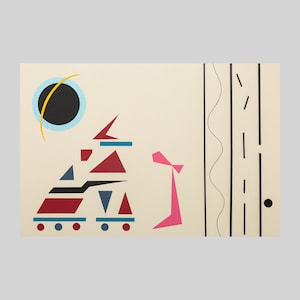 May include: A rectangular print on a cream background featuring a black circle with a light blue ring and a yellow arc. Below are geometric shapes in red, blue, and black. To the right, a pink abstract form sits beside vertical lines and a wavy line.