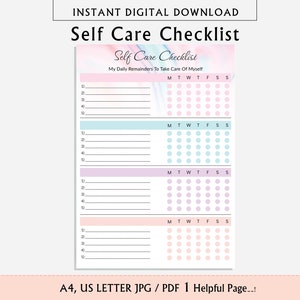 Printable Self Care Checklist, Self Care Journal, Mental Health Worksheet, Mindfulness Journal, Wellness Planner Bundle, A4, US letter PDF