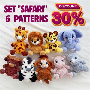 May include: A set of 6 crochet amigurumi animal patterns, including a giraffe, lion, leopard, elephant, zebra, and monkey. The patterns are available for download and are perfect for creating your own adorable stuffed animals.  The text "SET "SAFARI" 6 PATTERNS" and "DISCOUNT 30%" is visible in the image.