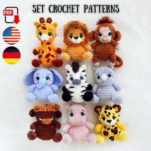 Set di schemi all'uncinetto Safari - Schemi Amigurumi Safari - Elefante Giraffa Ippopotamo Rinoceronte Scimmia Zebra Bufalo Leone Leopardo