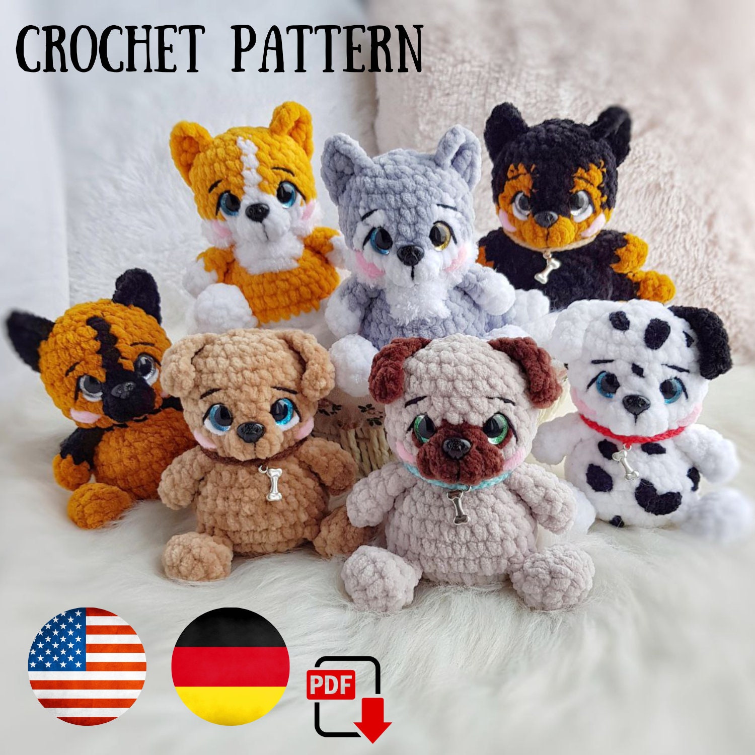 Crochet pattern mini puppies : husky, corgi, pug, labrador, dalmatian – Crochet dog pattern – Crochet puppy – Amigurumi dog