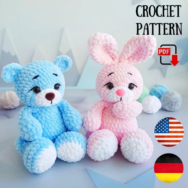 Teddy bear pattern Amigurumi PDF tutorial - Crochet Rabbit pattern - Bear and Bunny plush pattern ChirkaToys