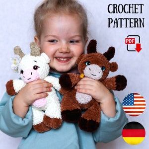 Gehaakte Koe patroon amigurumi PDF tutorial - Amigurumi Stier haakpatroon - Set gehaakt Herten Stier pluche patroon ChirkaToys