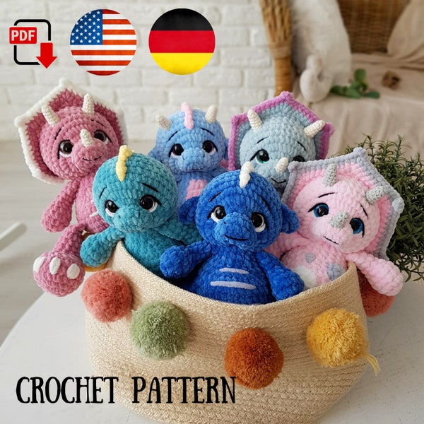 Crochet Triceratops pattern - Crochet Dragon - Crochet Dinosaur pattern - Amigurumi Dragon