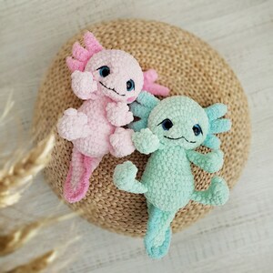 Pode incluir: Dois peluches de axolotl de croch&ecirc;, um rosa e outro azul claro, est&atilde;o sentados em um tapete de palha tran&ccedil;ado.