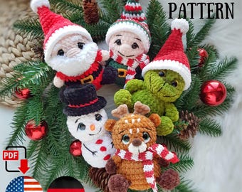Crochet Christmas set patterns - Amigurumi Christmas set – Green Villain – Santa – Elf – Reindeer – Snowman
