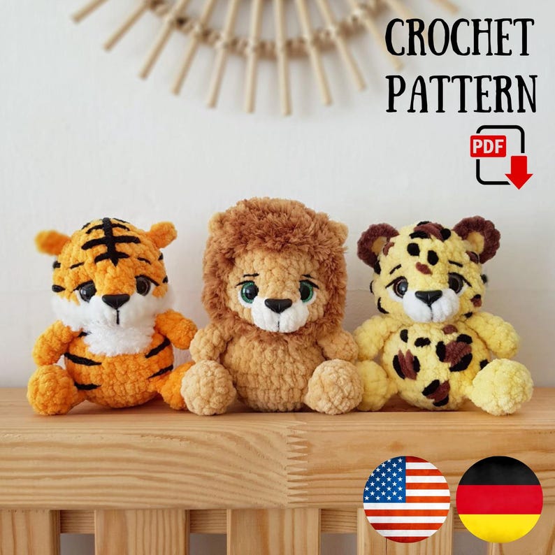 May include: Crochet pattern PDF for making three stuffed animal toys: a tiger, a lion, and a leopard. The toys are made with yarn in orange, brown, and yellow.