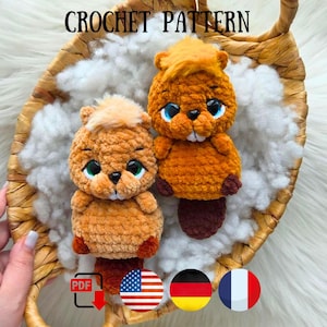 May include: Two plush crochet squirrel toys with large, expressive eyes and soft, textured orange-brown yarn. The squirrels have small ears, dark noses, and brown tails. The text CROCHET PATTERN is at the top, with a PDF icon and three national flags below.