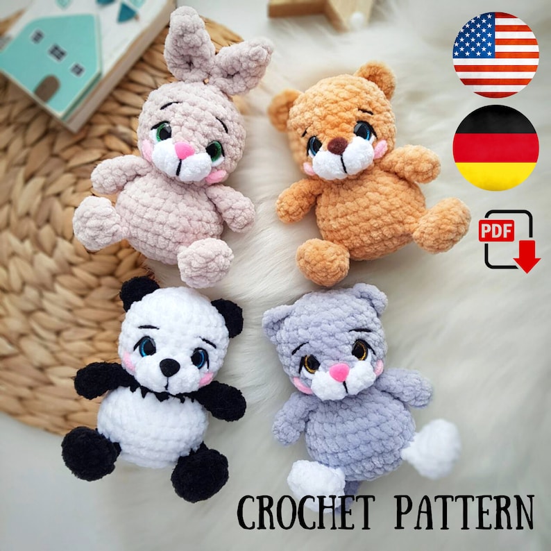 Virkmönster minileksaker: björn, panda, kanin, katt – Virkat nallebjörnsmönster – Virkad katt – Amigurumi-kanin bild 1