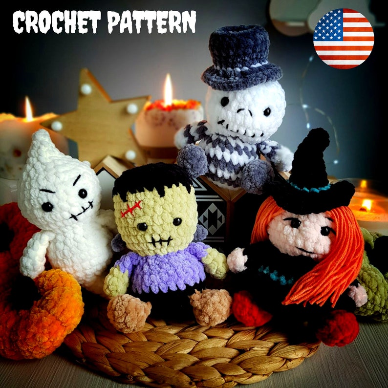 May include: Crochet Halloween amigurumi pattern featuring a ghost, Frankenstein, witch, and snowman. The characters are sitting on a woven basket with a fall-themed background.